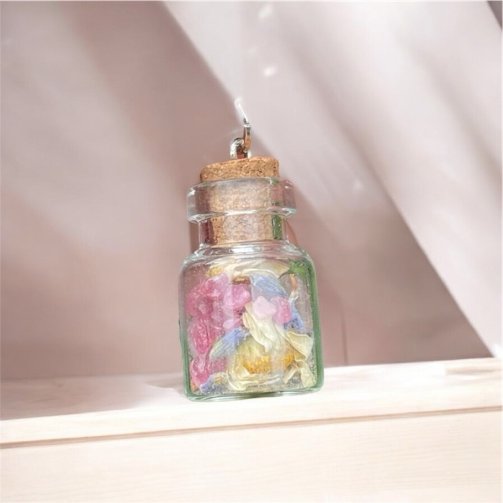 Crystal + Herb Bottle Necklace | Hand Crafted Chamomile + Rose Quartz